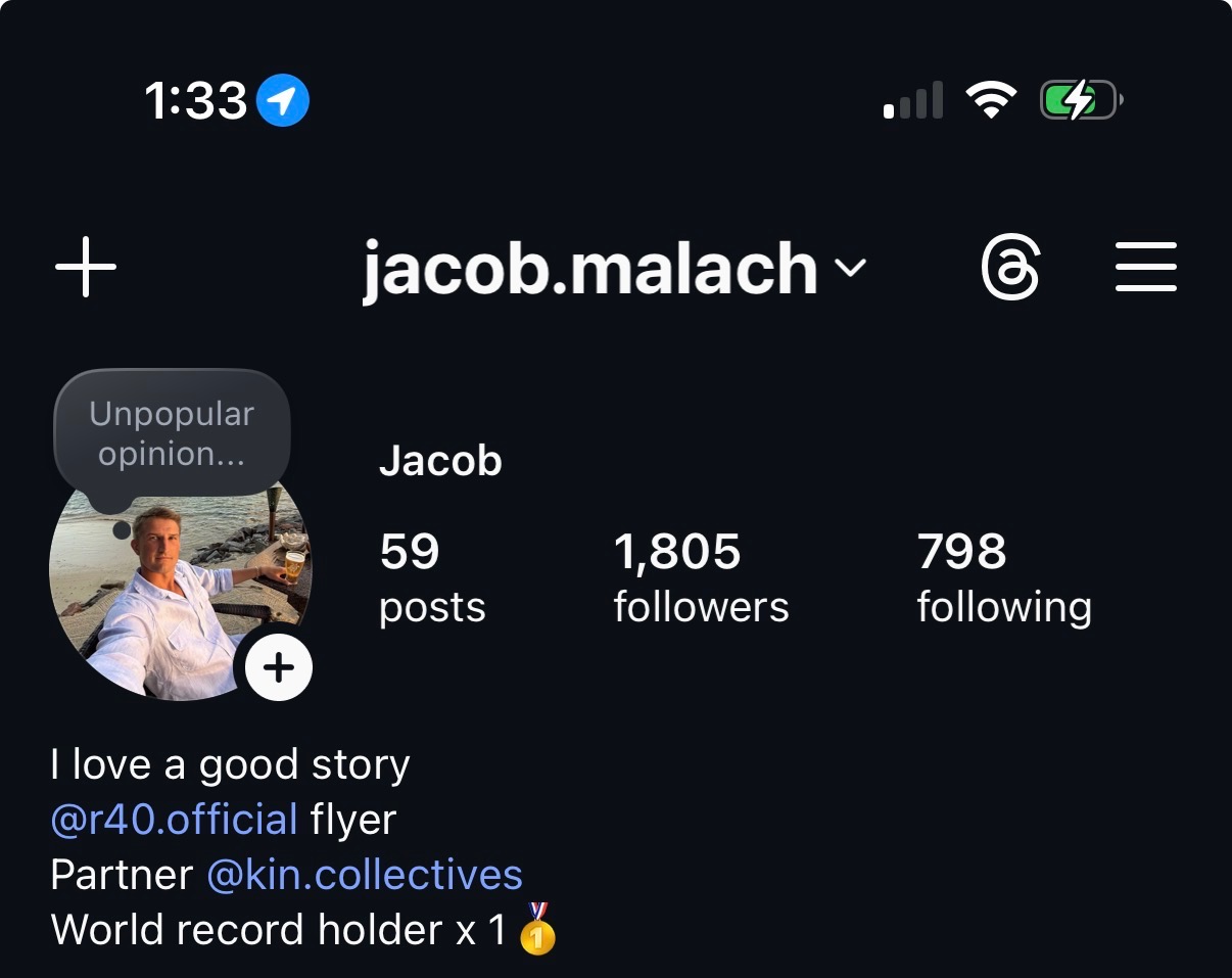 Jacob's full Instagram profile before coaching, showing 1,805 followers