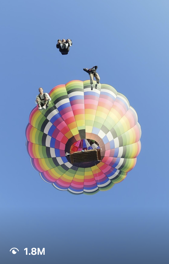 Jacob's balloon skydive post after coaching, showing 1.8 million views